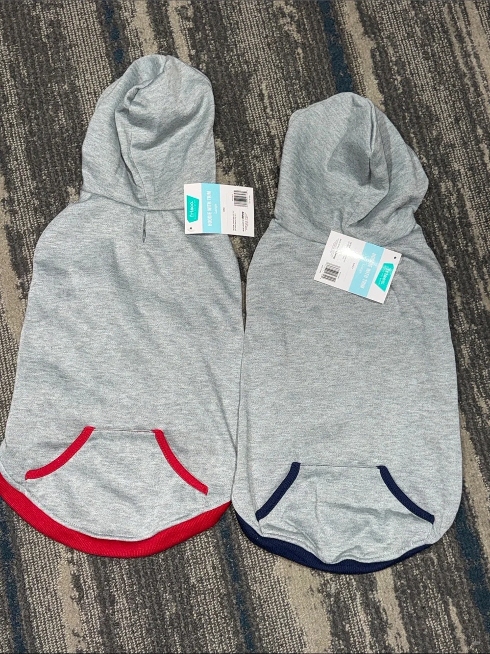 NWT Set 2 Gray Hoodie Pet Shirts with Red and Navy Trim. Measures 10.5in across